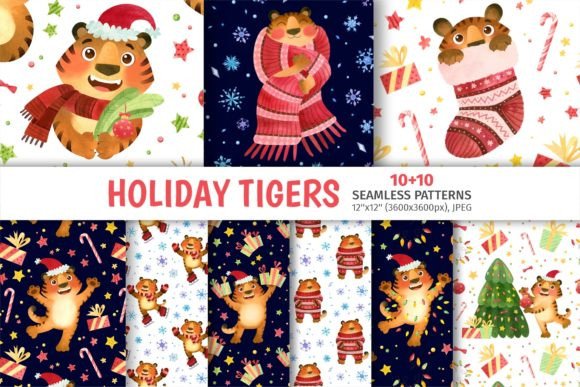 Christmas Tigers, Seamless Patterns: Festive Digital Design Made Effortless