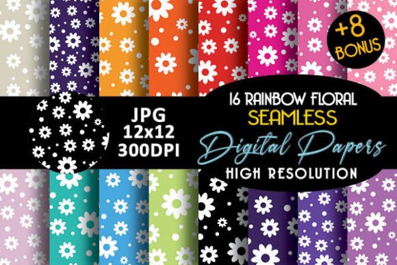 Rainbow Flowers Digital Papers Patterns